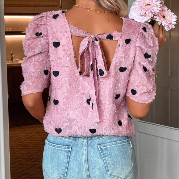 Rebellious Rose Tops - Tie Back Heart Pattern Jacquard Blouse